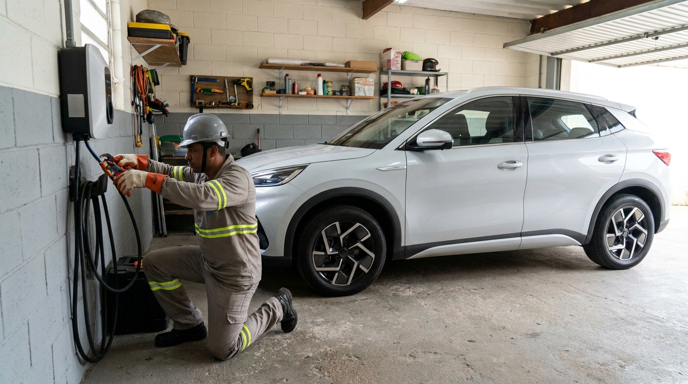 Eletricista instalando carregador de carro eletrico em Campinas‑SP