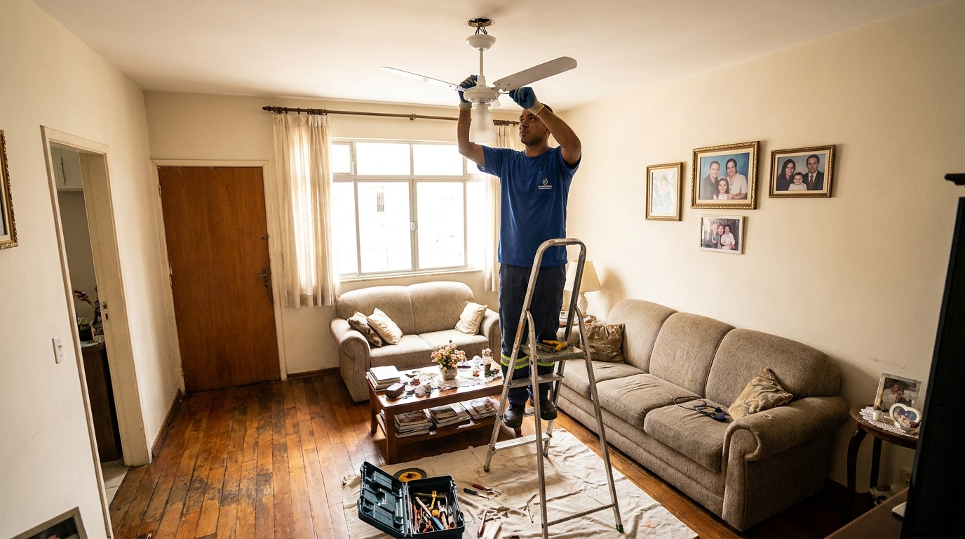 Eletricista instalando ventilador de teto em Campinas‑SP